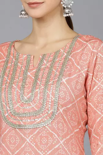 women peach rayon blend bandhani printed straight kurta