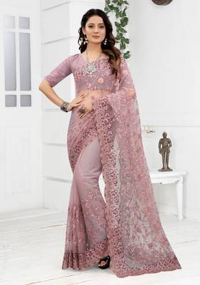 Embroidered Net Scalloped Lavender Saree With Matching Blouse Piece 1