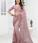 Embroidered Net Scalloped Lavender Saree With Matching Blouse Piece