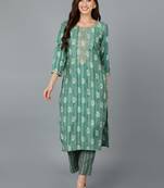 women green silk blend ethnic motifs embroidered straight kurta