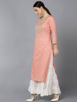 women peach rayon blend bandhani printed straight kurta 3