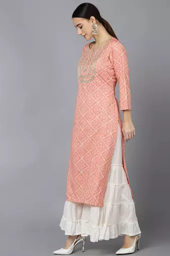 women peach rayon blend bandhani printed straight kurta