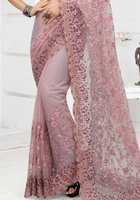 Embroidered Net Scalloped Lavender Saree With Matching Blouse Piece 2