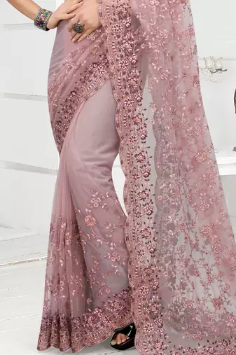 Embroidered Net Scalloped Lavender Saree With Matching Blouse Piece