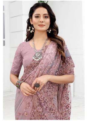 Embroidered Net Scalloped Lavender Saree With Matching Blouse Piece 3