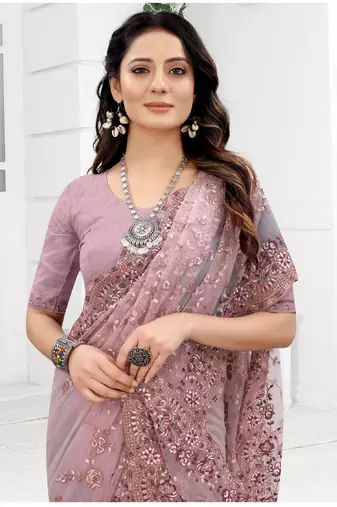 Embroidered Net Scalloped Lavender Saree With Matching Blouse Piece
