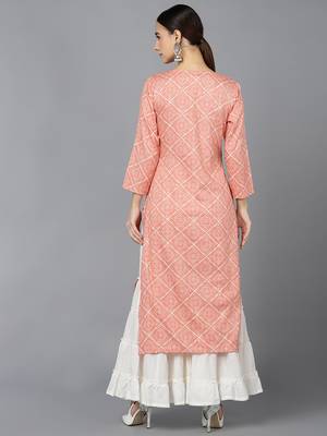 women peach rayon blend bandhani printed straight kurta 4
