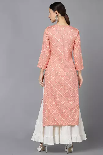 women peach rayon blend bandhani printed straight kurta