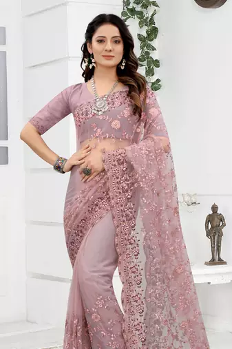 Embroidered Net Scalloped Lavender Saree With Matching Blouse Piece