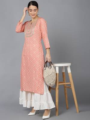 women peach rayon blend bandhani printed straight kurta 5