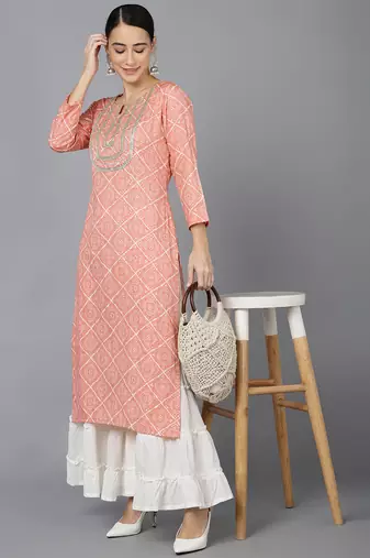 women peach rayon blend bandhani printed straight kurta