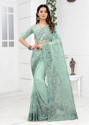 Embroidered Net Scalloped Sea Green Saree With Matching Blouse Piece 1