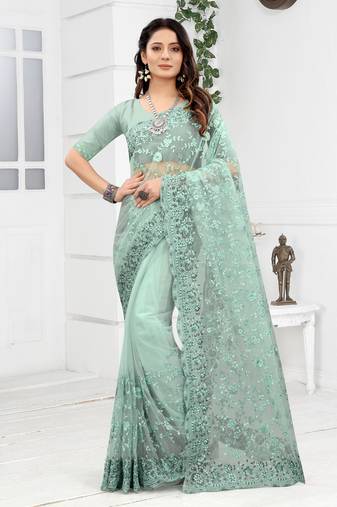 Embroidered Net Scalloped Sea Green Saree With Matching Blouse Piece