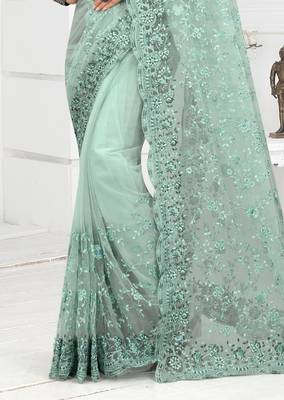Embroidered Net Scalloped Sea Green Saree With Matching Blouse Piece 2
