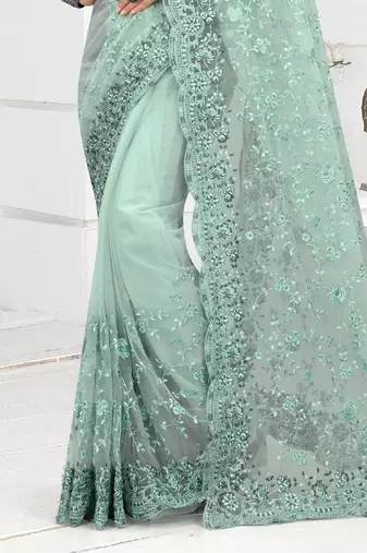 Embroidered Net Scalloped Sea Green Saree With Matching Blouse Piece