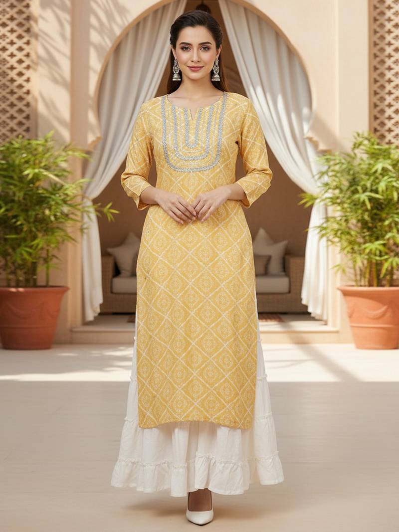 women yellow rayon blend bandhani printed straight kurta