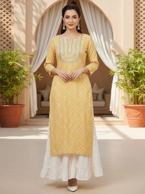 women yellow rayon blend bandhani printed straight kurta 1