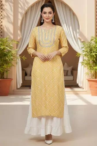 women yellow rayon blend bandhani printed straight kurta