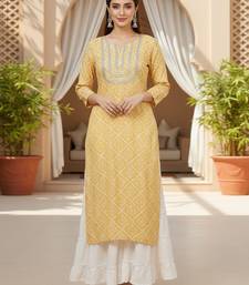 women yellow rayon blend bandhani printed straight kurta