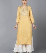 women yellow rayon blend bandhani printed straight kurta