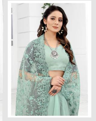 Embroidered Net Scalloped Sea Green Saree With Matching Blouse Piece 3