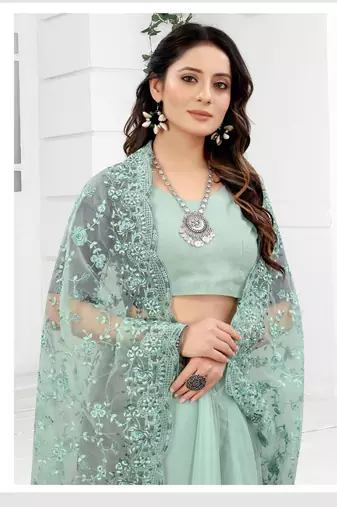 Embroidered Net Scalloped Sea Green Saree With Matching Blouse Piece