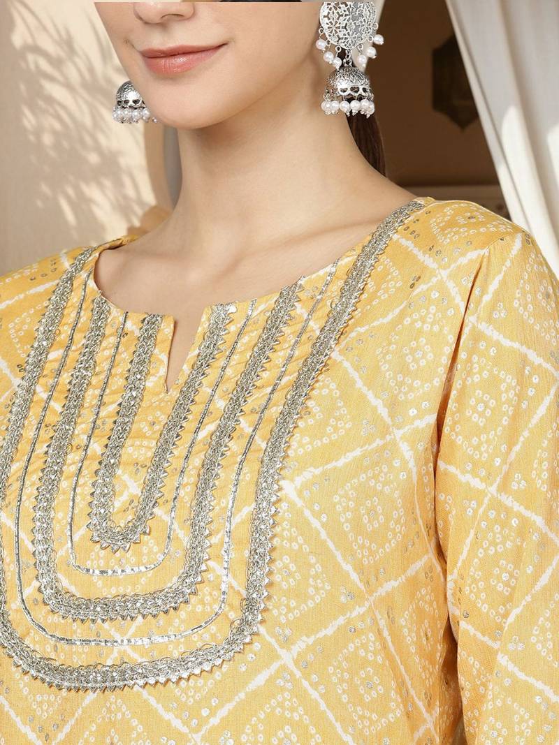 women yellow rayon blend bandhani printed straight kurta
