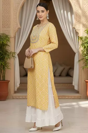 women yellow rayon blend bandhani printed straight kurta