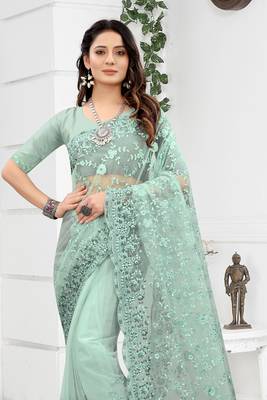 Embroidered Net Scalloped Sea Green Saree With Matching Blouse Piece 4
