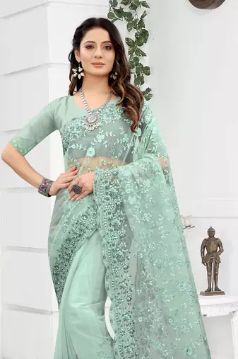 Embroidered Net Scalloped Sea Green Saree With Matching Blouse Piece