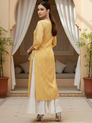 women yellow rayon blend bandhani printed straight kurta 4