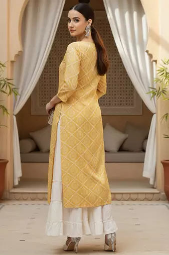women yellow rayon blend bandhani printed straight kurta