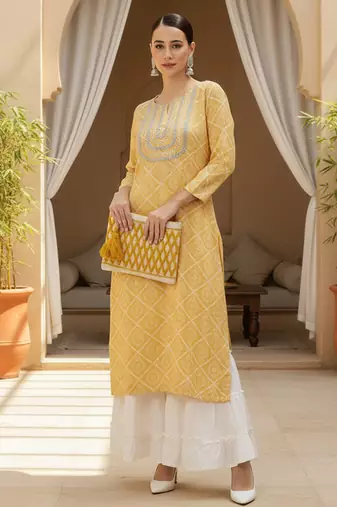 women yellow rayon blend bandhani printed straight kurta