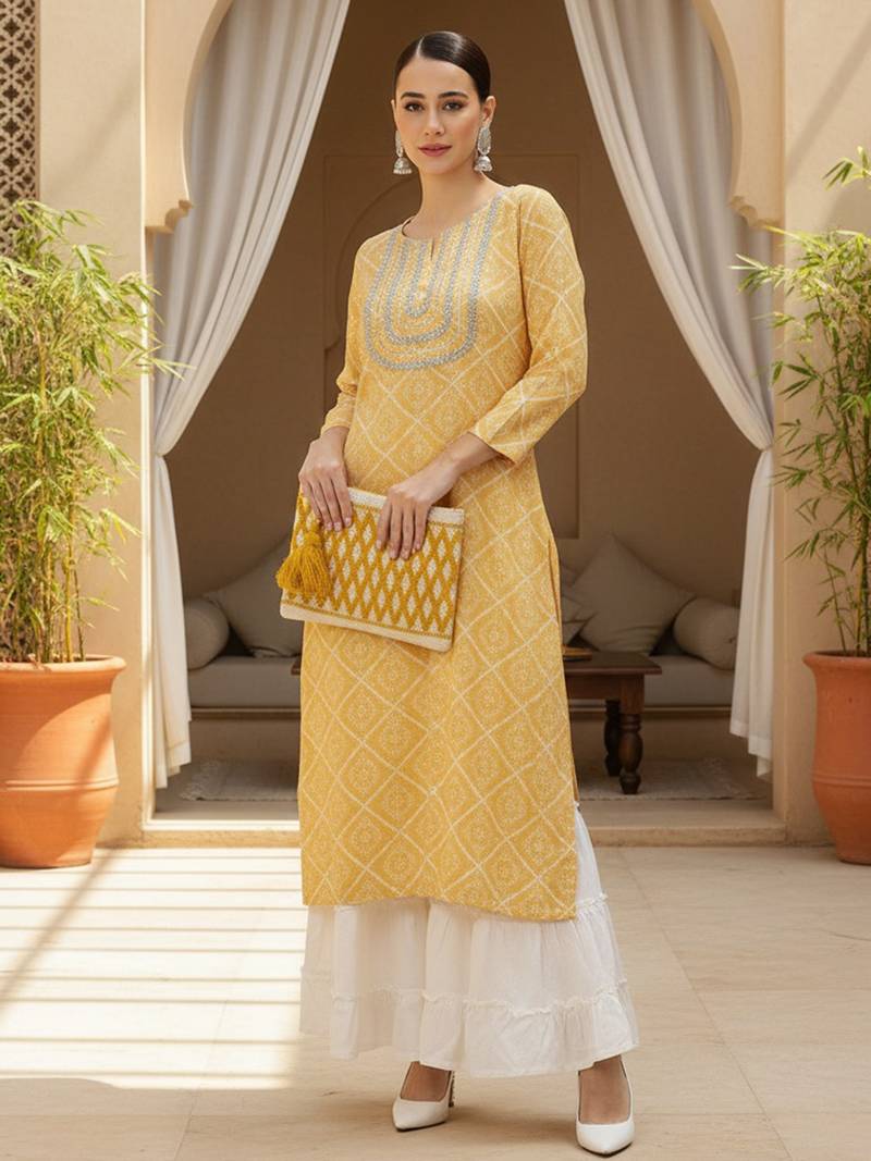 women yellow rayon blend bandhani printed straight kurta
