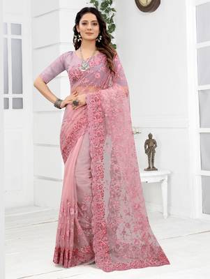Embroidered Net Scalloped Pink Saree With Matching Blouse Piece 1