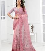 Embroidered Net Scalloped Pink Saree With Matching Blouse Piece