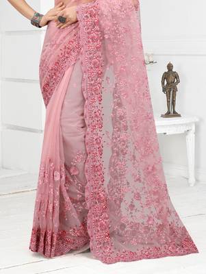 Embroidered Net Scalloped Pink Saree With Matching Blouse Piece 2