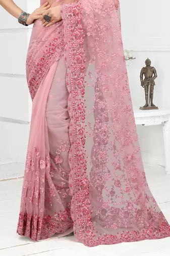 Embroidered Net Scalloped Pink Saree With Matching Blouse Piece