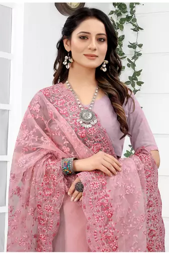 Embroidered Net Scalloped Pink Saree With Matching Blouse Piece