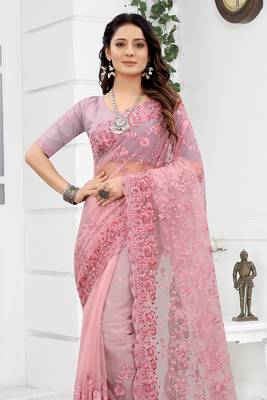 Embroidered Net Scalloped Pink Saree With Matching Blouse Piece 4