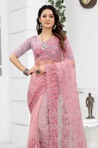 Embroidered Net Scalloped Pink Saree With Matching Blouse Piece
