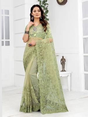 Embroidered Net Scalloped Green Saree With Matching Blouse Piece 1