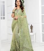 Embroidered Net Scalloped Green Saree With Matching Blouse Piece