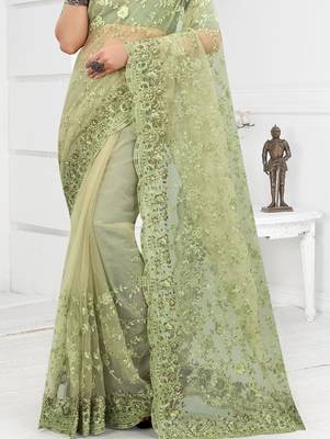 Embroidered Net Scalloped Green Saree With Matching Blouse Piece 2