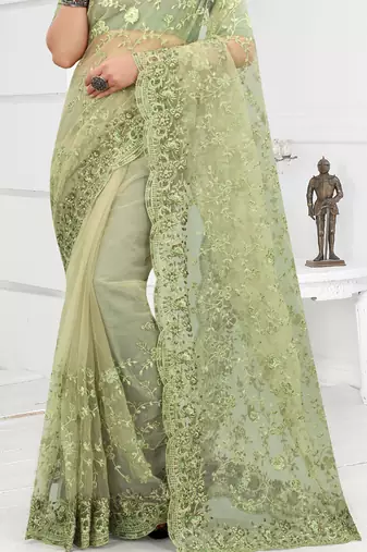 Embroidered Net Scalloped Green Saree With Matching Blouse Piece