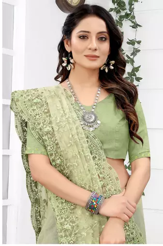 Embroidered Net Scalloped Green Saree With Matching Blouse Piece