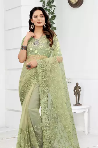 Embroidered Net Scalloped Green Saree With Matching Blouse Piece