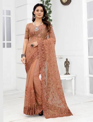 Embroidered Net Scalloped Peach Saree With Matching Blouse Piece 1