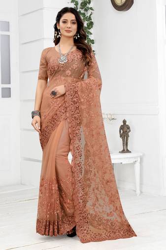 Embroidered Net Scalloped Peach Saree With Matching Blouse Piece