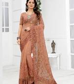 Embroidered Net Scalloped Peach Saree With Matching Blouse Piece